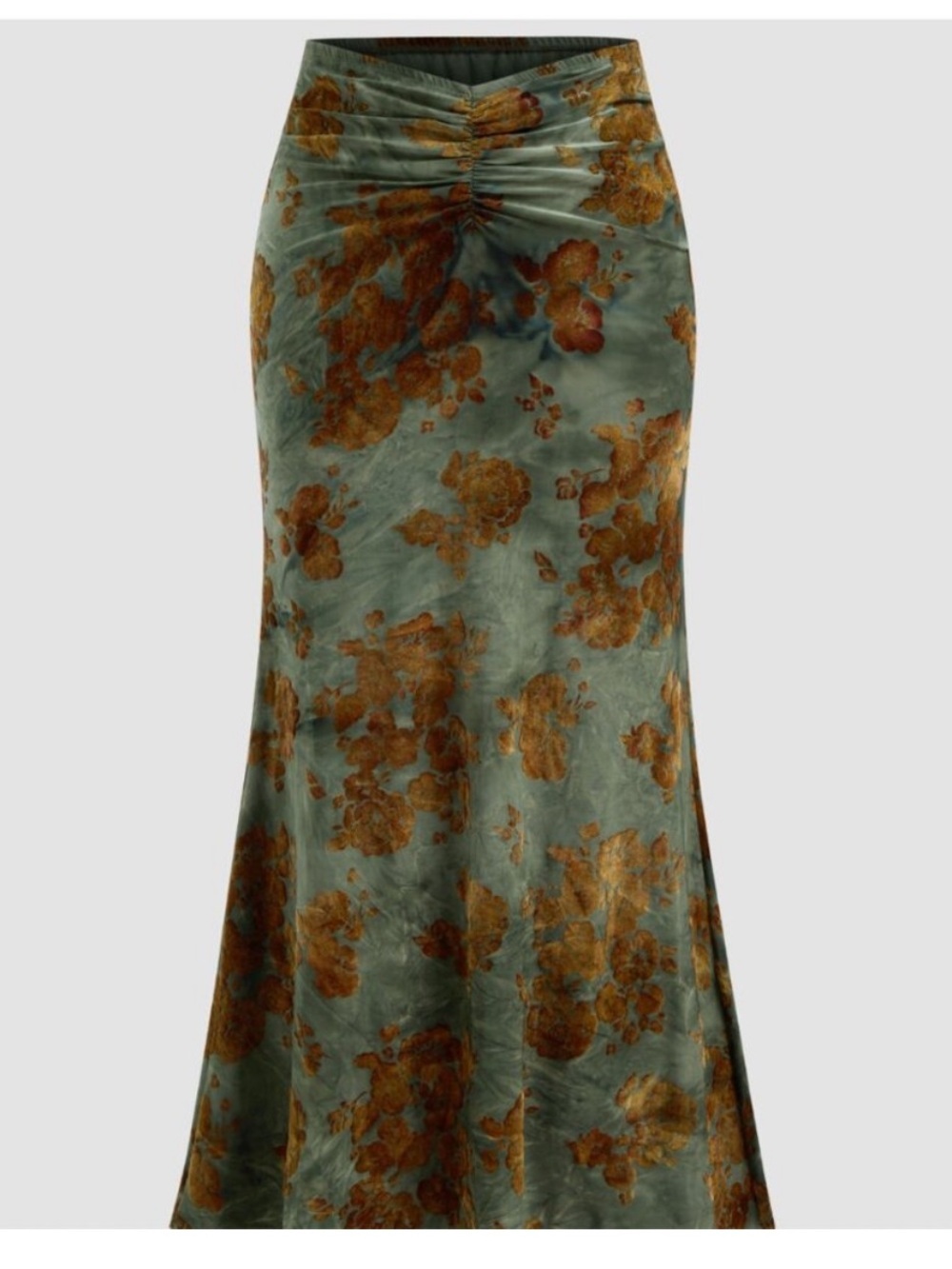 Cider Ruched Velvet Floral Burnout Maxi Skirt Green/Brown Mermaid Silhoutte 1XL